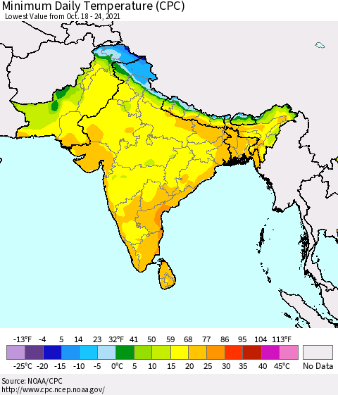 Southern Asia Extreme Minimum Temperature (CPC) Thematic Map For 10/18/2021 - 10/24/2021