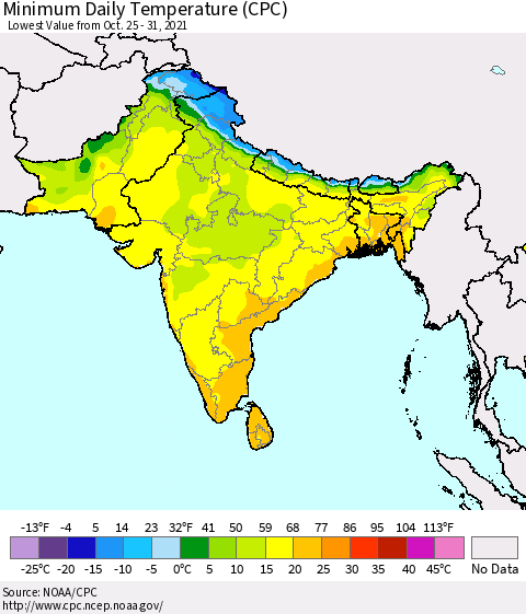 Southern Asia Minimum Daily Temperature (CPC) Thematic Map For 10/25/2021 - 10/31/2021
