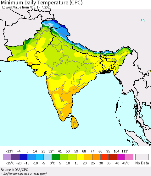 Southern Asia Minimum Daily Temperature (CPC) Thematic Map For 11/1/2021 - 11/7/2021