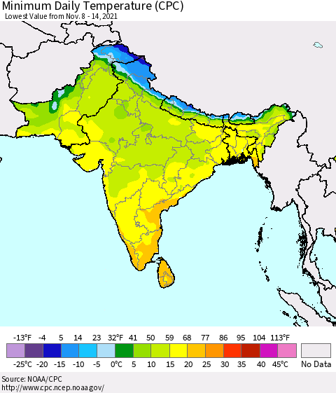 Southern Asia Minimum Daily Temperature (CPC) Thematic Map For 11/8/2021 - 11/14/2021