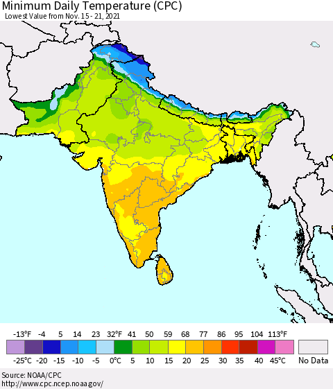Southern Asia Minimum Daily Temperature (CPC) Thematic Map For 11/15/2021 - 11/21/2021