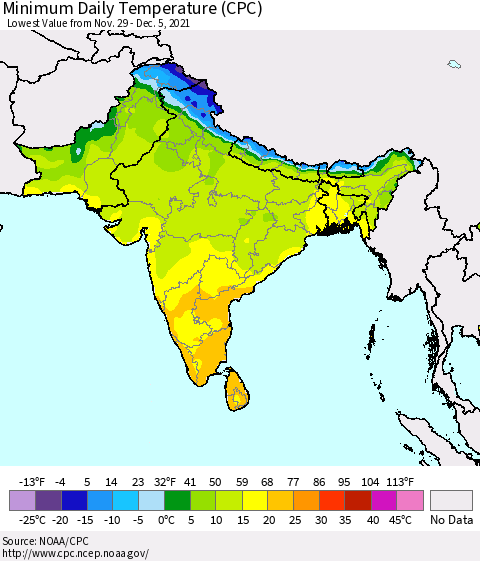 Southern Asia Extreme Minimum Temperature (CPC) Thematic Map For 11/29/2021 - 12/5/2021