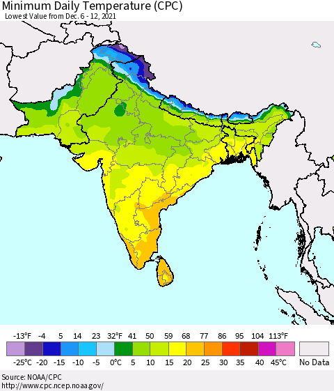 Southern Asia Minimum Daily Temperature (CPC) Thematic Map For 12/6/2021 - 12/12/2021
