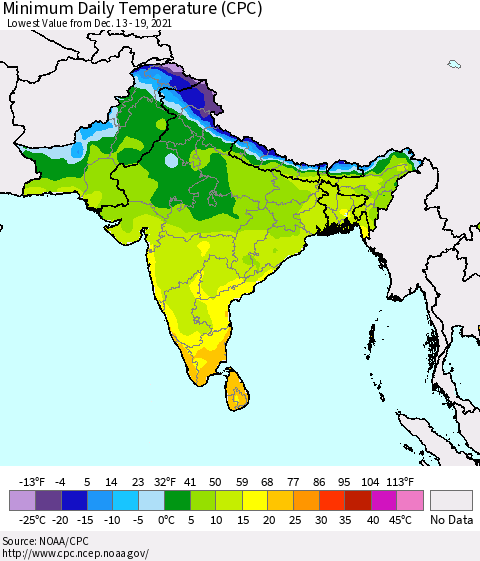 Southern Asia Extreme Minimum Temperature (CPC) Thematic Map For 12/13/2021 - 12/19/2021