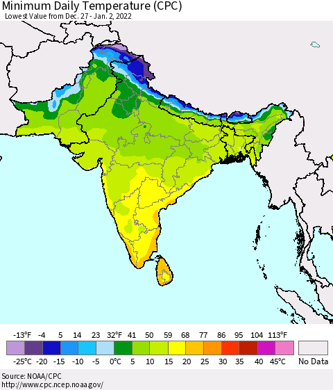 Southern Asia Extreme Minimum Temperature (CPC) Thematic Map For 12/27/2021 - 1/2/2022