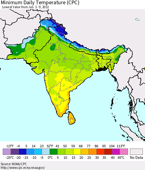Southern Asia Extreme Minimum Temperature (CPC) Thematic Map For 1/3/2022 - 1/9/2022