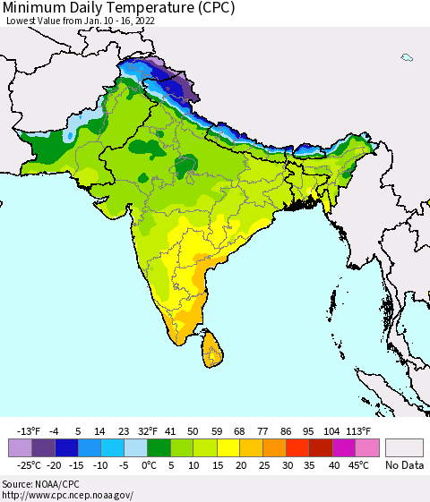 Southern Asia Minimum Daily Temperature (CPC) Thematic Map For 1/10/2022 - 1/16/2022