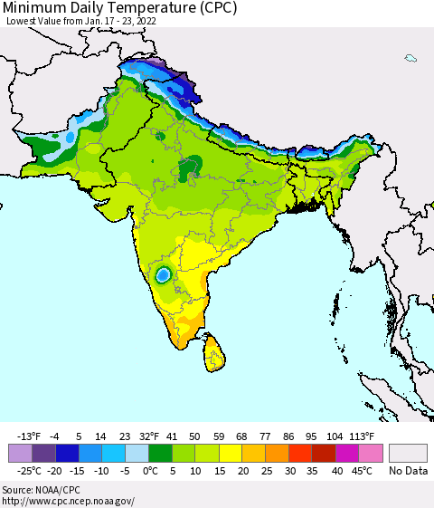 Southern Asia Minimum Daily Temperature (CPC) Thematic Map For 1/17/2022 - 1/23/2022
