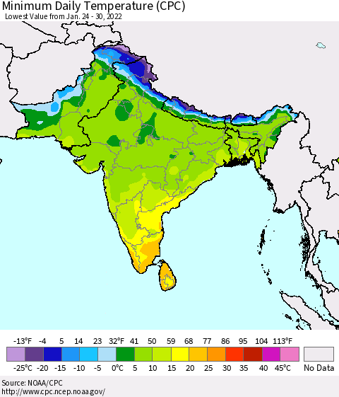 Southern Asia Minimum Daily Temperature (CPC) Thematic Map For 1/24/2022 - 1/30/2022