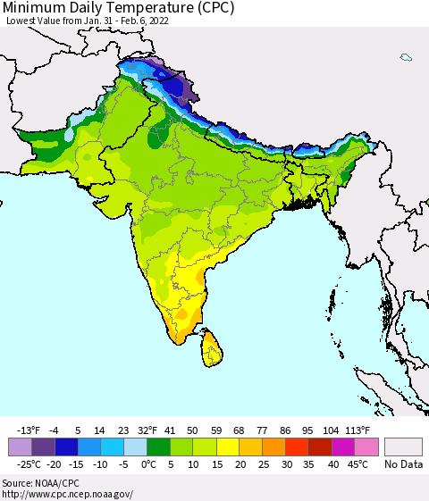 Southern Asia Minimum Daily Temperature (CPC) Thematic Map For 1/31/2022 - 2/6/2022