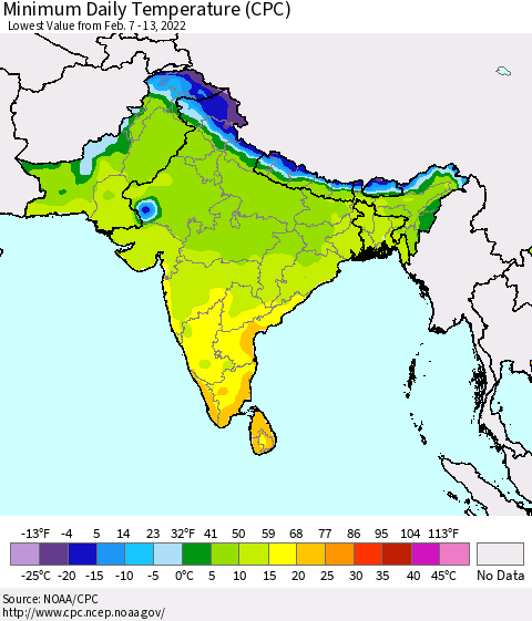 Southern Asia Minimum Daily Temperature (CPC) Thematic Map For 2/7/2022 - 2/13/2022