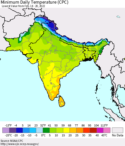 Southern Asia Minimum Daily Temperature (CPC) Thematic Map For 2/14/2022 - 2/20/2022