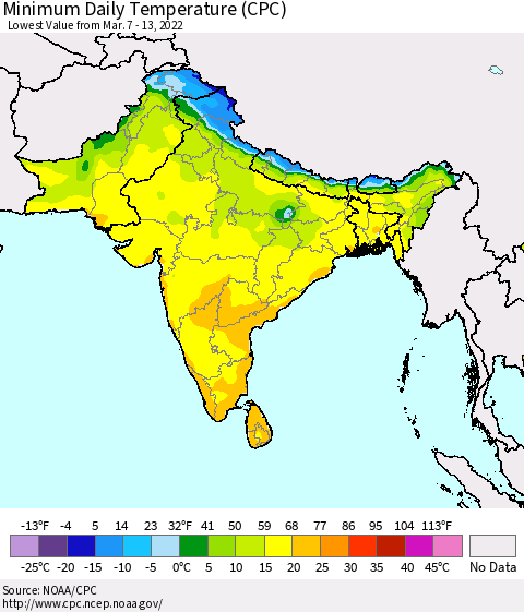 Southern Asia Minimum Daily Temperature (CPC) Thematic Map For 3/7/2022 - 3/13/2022