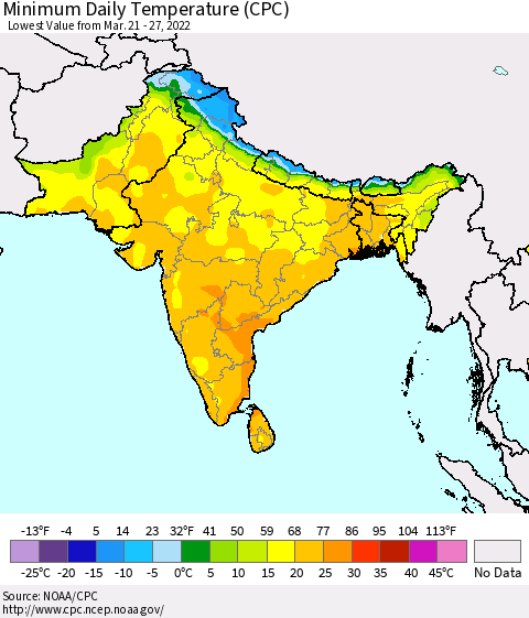 Southern Asia Minimum Daily Temperature (CPC) Thematic Map For 3/21/2022 - 3/27/2022
