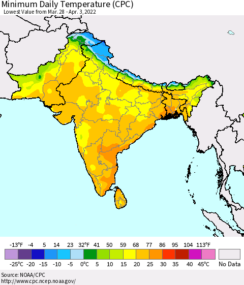 Southern Asia Minimum Daily Temperature (CPC) Thematic Map For 3/28/2022 - 4/3/2022