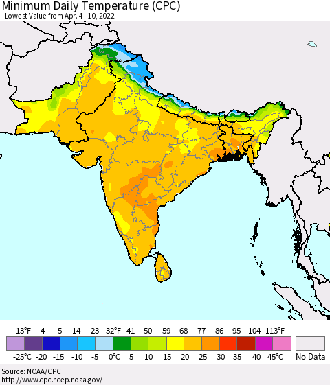 Southern Asia Minimum Daily Temperature (CPC) Thematic Map For 4/4/2022 - 4/10/2022