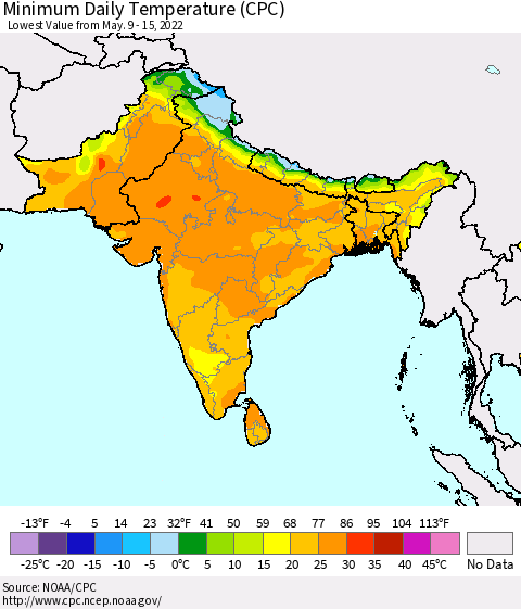 Southern Asia Extreme Minimum Temperature (CPC) Thematic Map For 5/9/2022 - 5/15/2022