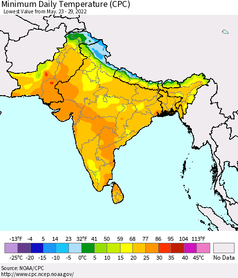 Southern Asia Extreme Minimum Temperature (CPC) Thematic Map For 5/23/2022 - 5/29/2022