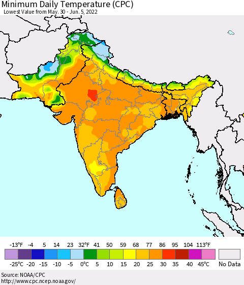 Southern Asia Minimum Daily Temperature (CPC) Thematic Map For 5/30/2022 - 6/5/2022