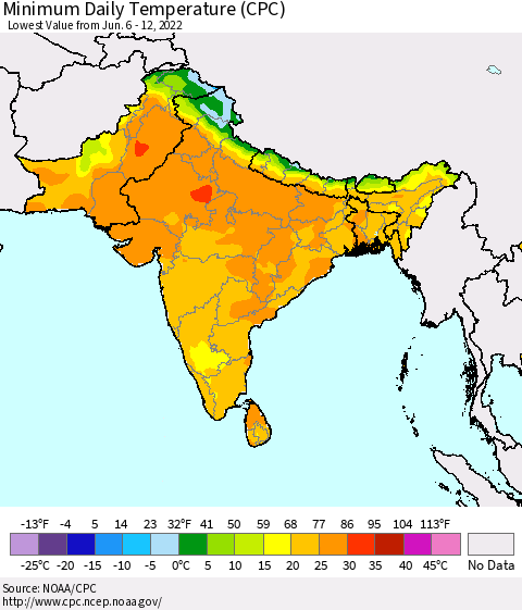 Southern Asia Minimum Daily Temperature (CPC) Thematic Map For 6/6/2022 - 6/12/2022