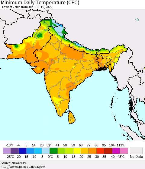 Southern Asia Minimum Daily Temperature (CPC) Thematic Map For 6/13/2022 - 6/19/2022