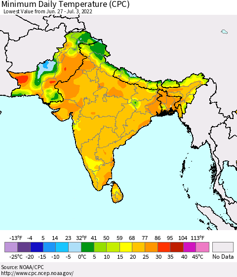 Southern Asia Minimum Daily Temperature (CPC) Thematic Map For 6/27/2022 - 7/3/2022