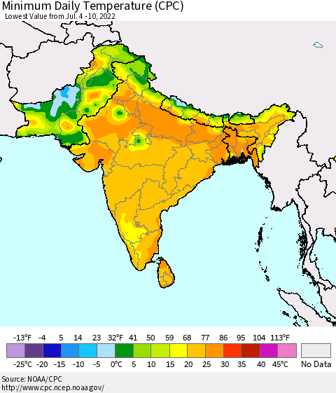 Southern Asia Minimum Daily Temperature (CPC) Thematic Map For 7/4/2022 - 7/10/2022
