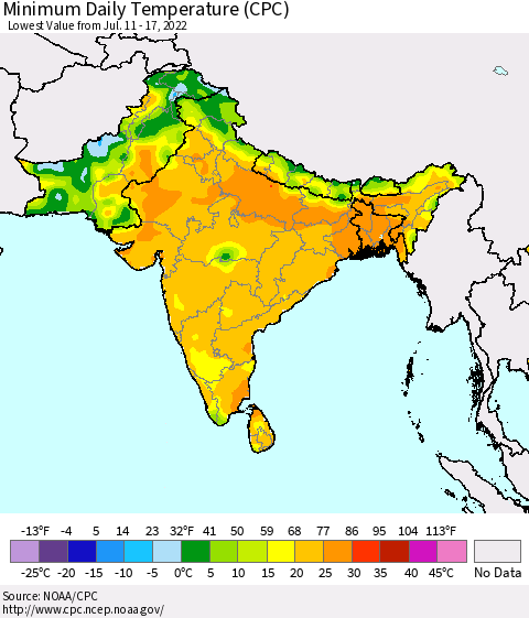 Southern Asia Extreme Minimum Temperature (CPC) Thematic Map For 7/11/2022 - 7/17/2022