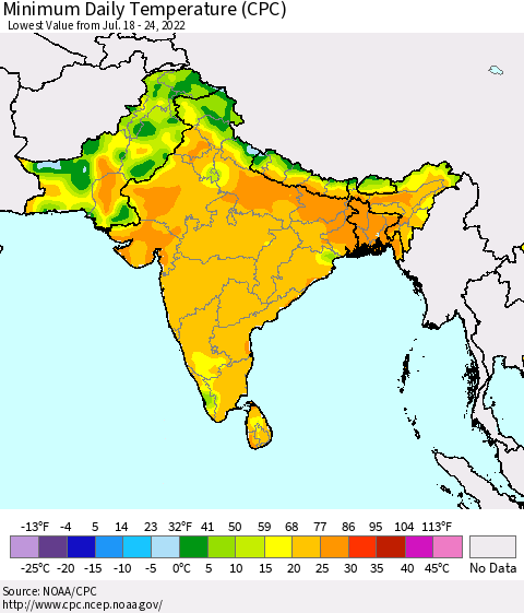 Southern Asia Minimum Daily Temperature (CPC) Thematic Map For 7/18/2022 - 7/24/2022