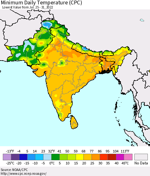 Southern Asia Extreme Minimum Temperature (CPC) Thematic Map For 7/25/2022 - 7/31/2022