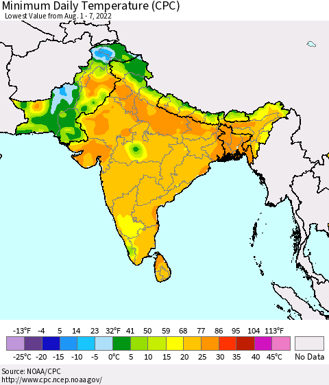Southern Asia Minimum Daily Temperature (CPC) Thematic Map For 8/1/2022 - 8/7/2022
