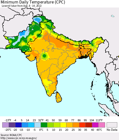 Southern Asia Minimum Daily Temperature (CPC) Thematic Map For 8/8/2022 - 8/14/2022