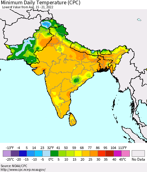 Southern Asia Minimum Daily Temperature (CPC) Thematic Map For 8/15/2022 - 8/21/2022