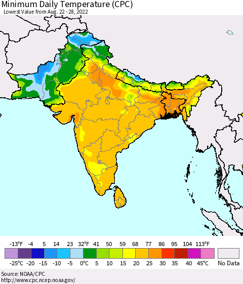 Southern Asia Minimum Daily Temperature (CPC) Thematic Map For 8/22/2022 - 8/28/2022