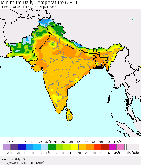 Southern Asia Minimum Daily Temperature (CPC) Thematic Map For 8/29/2022 - 9/4/2022