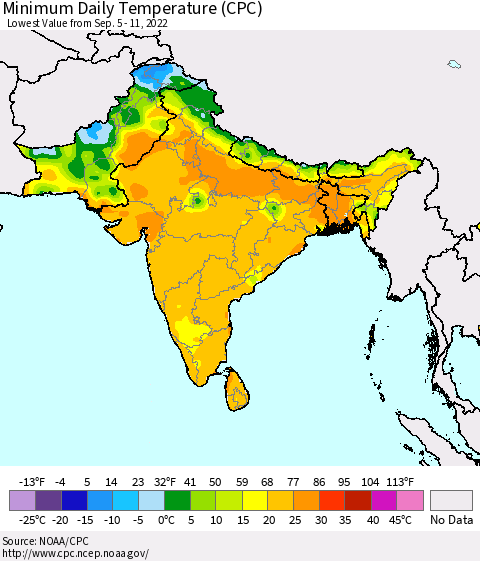 Southern Asia Minimum Daily Temperature (CPC) Thematic Map For 9/5/2022 - 9/11/2022