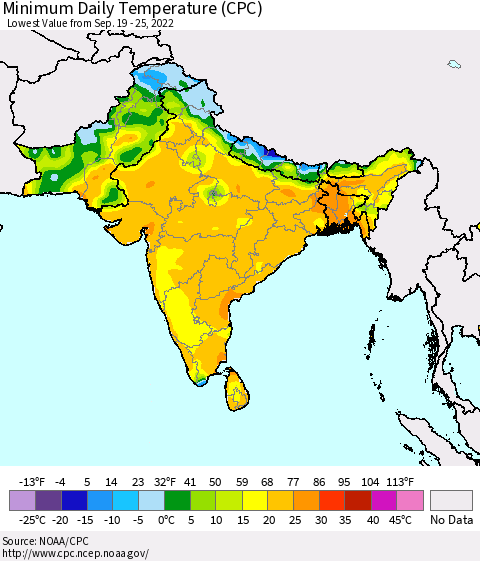 Southern Asia Minimum Daily Temperature (CPC) Thematic Map For 9/19/2022 - 9/25/2022