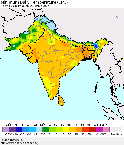 Southern Asia Minimum Daily Temperature (CPC) Thematic Map For 9/26/2022 - 10/2/2022