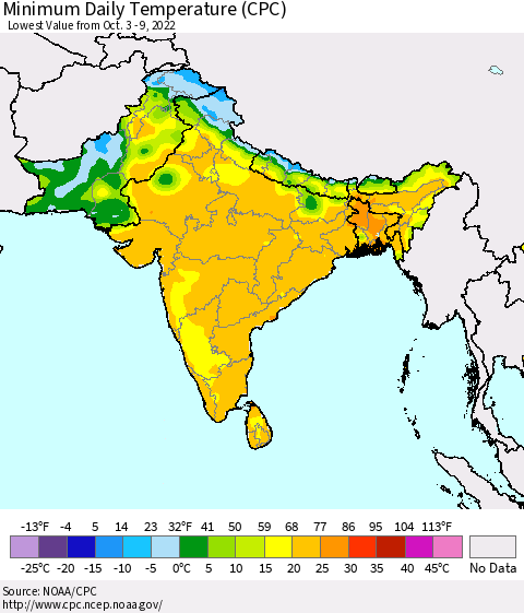 Southern Asia Minimum Daily Temperature (CPC) Thematic Map For 10/3/2022 - 10/9/2022