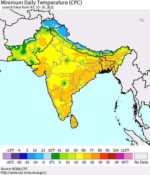 Southern Asia Minimum Daily Temperature (CPC) Thematic Map For 10/10/2022 - 10/16/2022