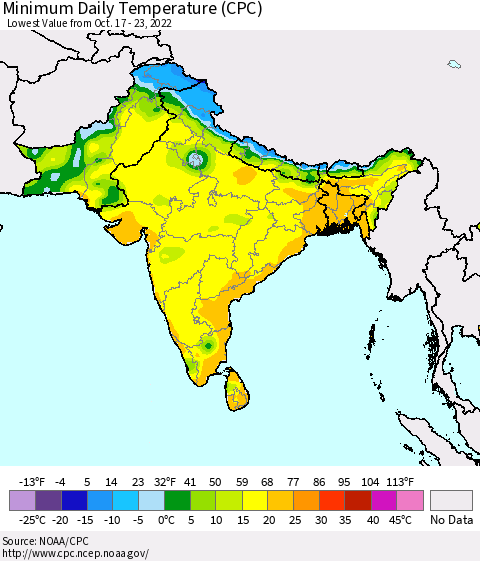Southern Asia Minimum Daily Temperature (CPC) Thematic Map For 10/17/2022 - 10/23/2022