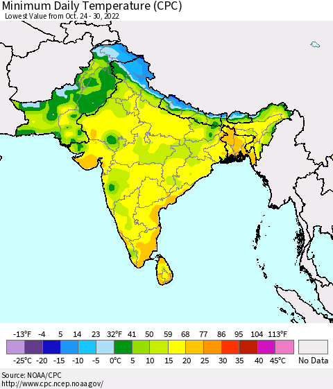 Southern Asia Minimum Daily Temperature (CPC) Thematic Map For 10/24/2022 - 10/30/2022