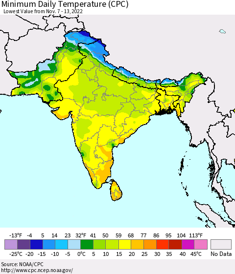 Southern Asia Minimum Daily Temperature (CPC) Thematic Map For 11/7/2022 - 11/13/2022