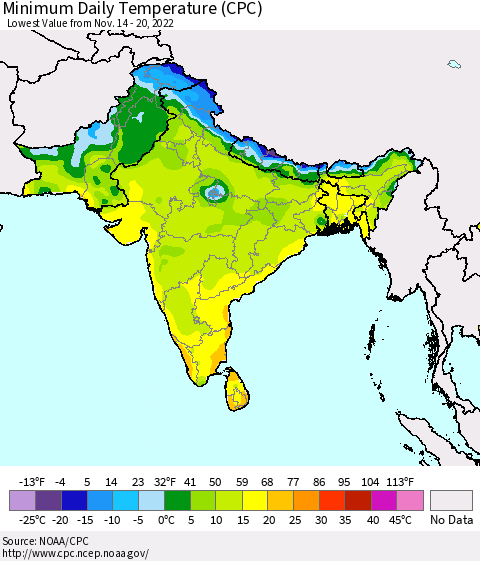 Southern Asia Minimum Daily Temperature (CPC) Thematic Map For 11/14/2022 - 11/20/2022