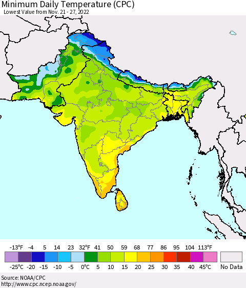 Southern Asia Minimum Daily Temperature (CPC) Thematic Map For 11/21/2022 - 11/27/2022