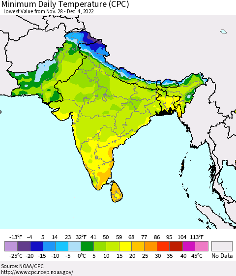 Southern Asia Minimum Daily Temperature (CPC) Thematic Map For 11/28/2022 - 12/4/2022