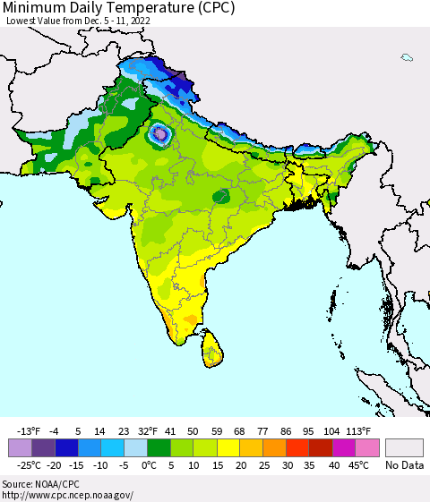 Southern Asia Minimum Daily Temperature (CPC) Thematic Map For 12/5/2022 - 12/11/2022