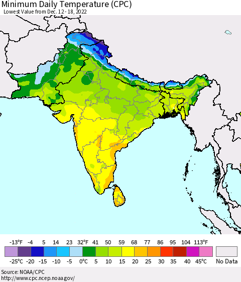 Southern Asia Minimum Daily Temperature (CPC) Thematic Map For 12/12/2022 - 12/18/2022