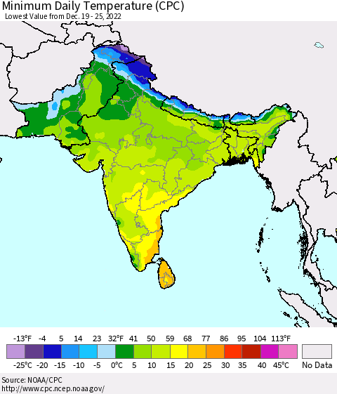 Southern Asia Minimum Daily Temperature (CPC) Thematic Map For 12/19/2022 - 12/25/2022