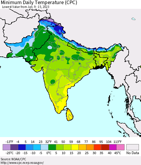 Southern Asia Minimum Daily Temperature (CPC) Thematic Map For 1/9/2023 - 1/15/2023